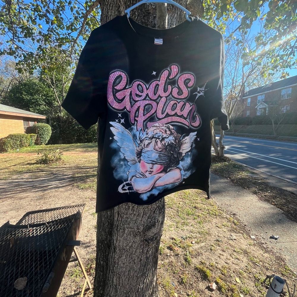 Stylish Black Tee with Angel Graphic and God's Plan Design